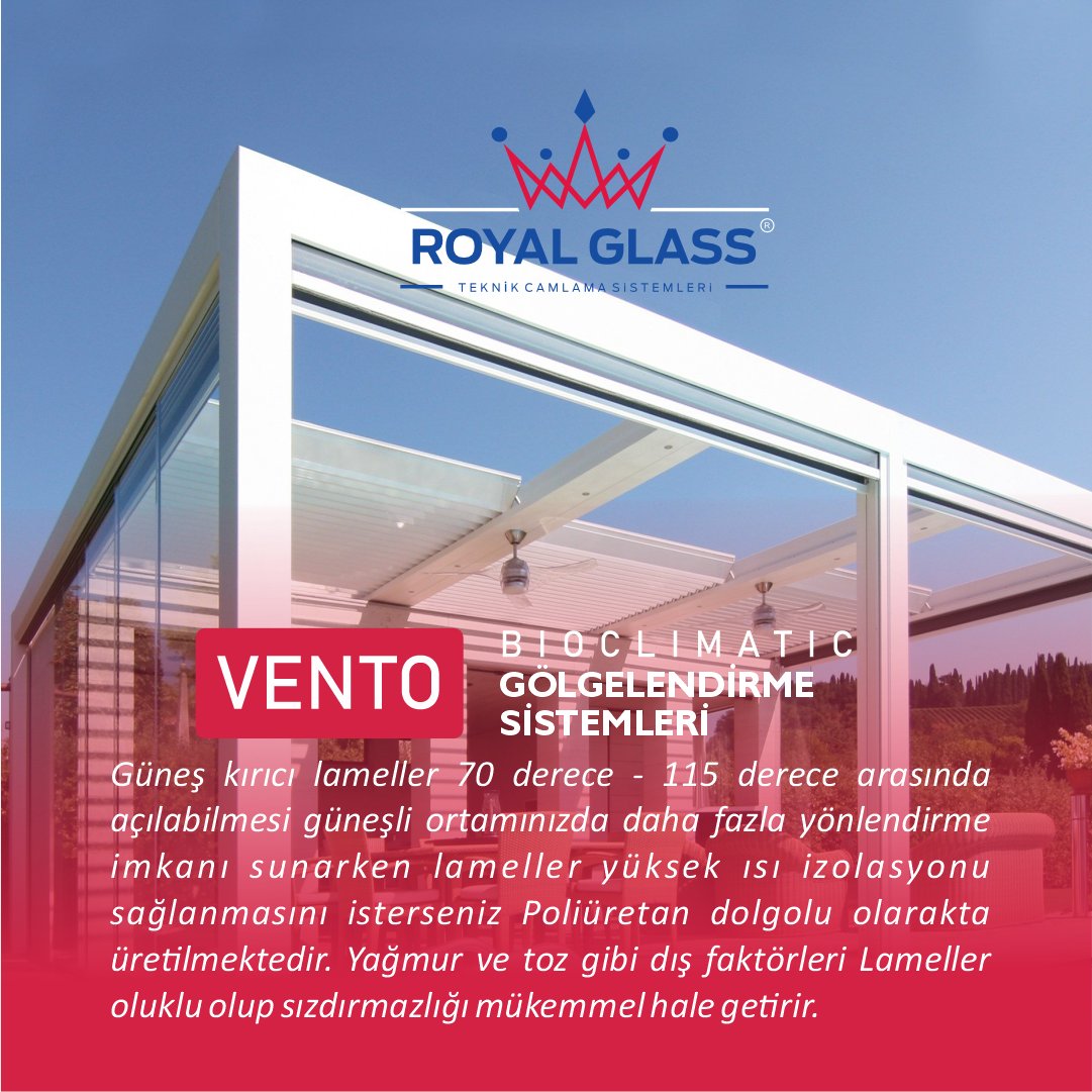 RoyalGlasscomtr's tweet photo. Güneş kırıcı lameller 70 derece - 115 derece arasında açılabilmesi güneşli ortamınızda daha fazla yönlendirme imkanı sunarken lameller yüksek ısı izolasyonu sağlanmasını isterseniz Poliüretan dolgolu olarakta üretilmektedir. https://t.co/D7ekEZsS3a