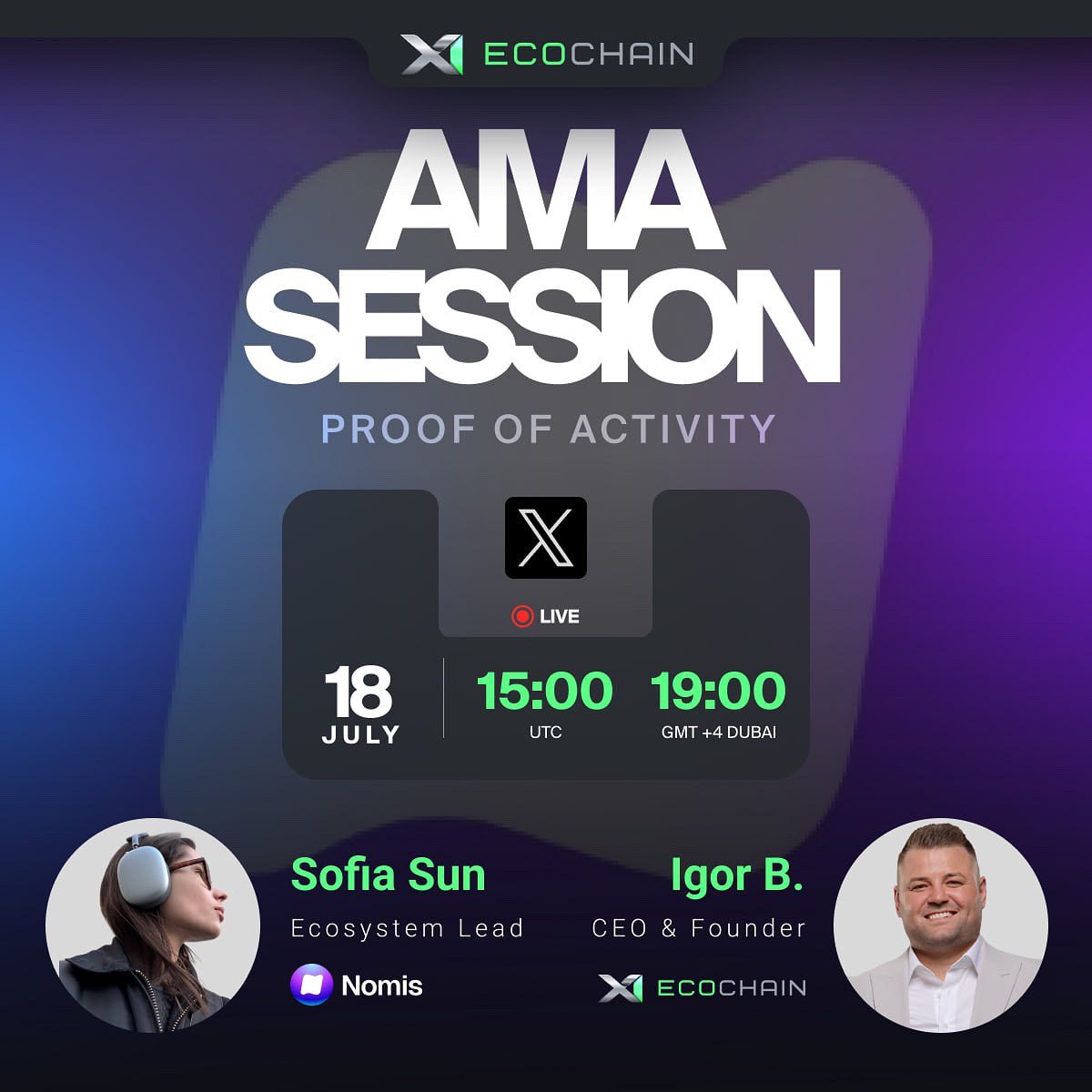 X1_EcoChain's tweet image. 🔥 X1 EcoChain will host an AMA with Nomis Protocol!
📍 Where: @0xNomis
🔗 Link:
🗓 When: July 18
🕒 Time: 15:00 UTC | 19:00 Dubai
🎙 Hosts: X1 EcoChain & Nomis Protocol
What we'll discuss:
- Proof of Activity technical updates
- News from the X1…