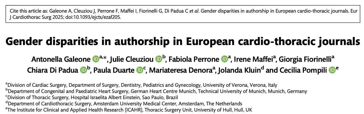 Only 18% of first authors &amp; 7% of senior authors were women in top European CT journals  
No upward trend. Gender disparities persist—change is overdue.
Huge thanks to Dr. Galeone &amp; team for reviewing over 5,000 papers to highlight this gap.

🔗 doi.org/10.1093/ejcts/…