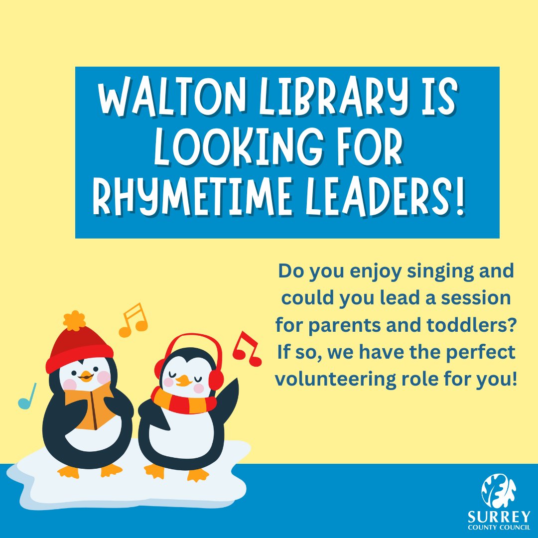 WaltonLibrary's tweet image. @WaltonLibrary is looking for Rhymetime leaders! Could you help with our lively Rhymetimes? Becoming a @SurreyLibraries volunteer is a great way to grow your confidence, develop people skills and give back in your spare time ow.ly/5gxk50UBSa2 #Volunteering #LoveLibraries 🐧