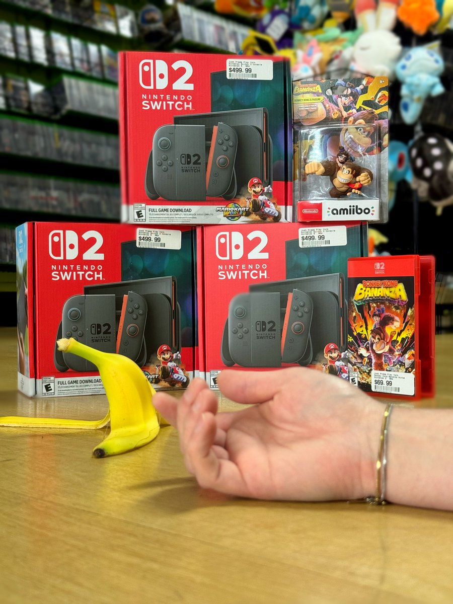 It's a Bananza! 

HUGE restock of #NintendoSwitch2 consoles at all locations, just in time for #DonkeyKongBananza!

Don't slip in your hurry to get one! Somebody's been leaving banana peels lying around... 🍌🤔
