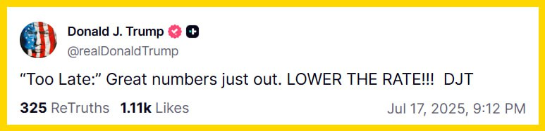 leonfish_'s tweet photo. "Regardless of the data, every time an economic report drops, Trump calls out Powell: 'You're too late, cut rates now!'

He also mentioned Powell is under investigation, but didn't specify the details." https://t.co/J9eTrggfxP