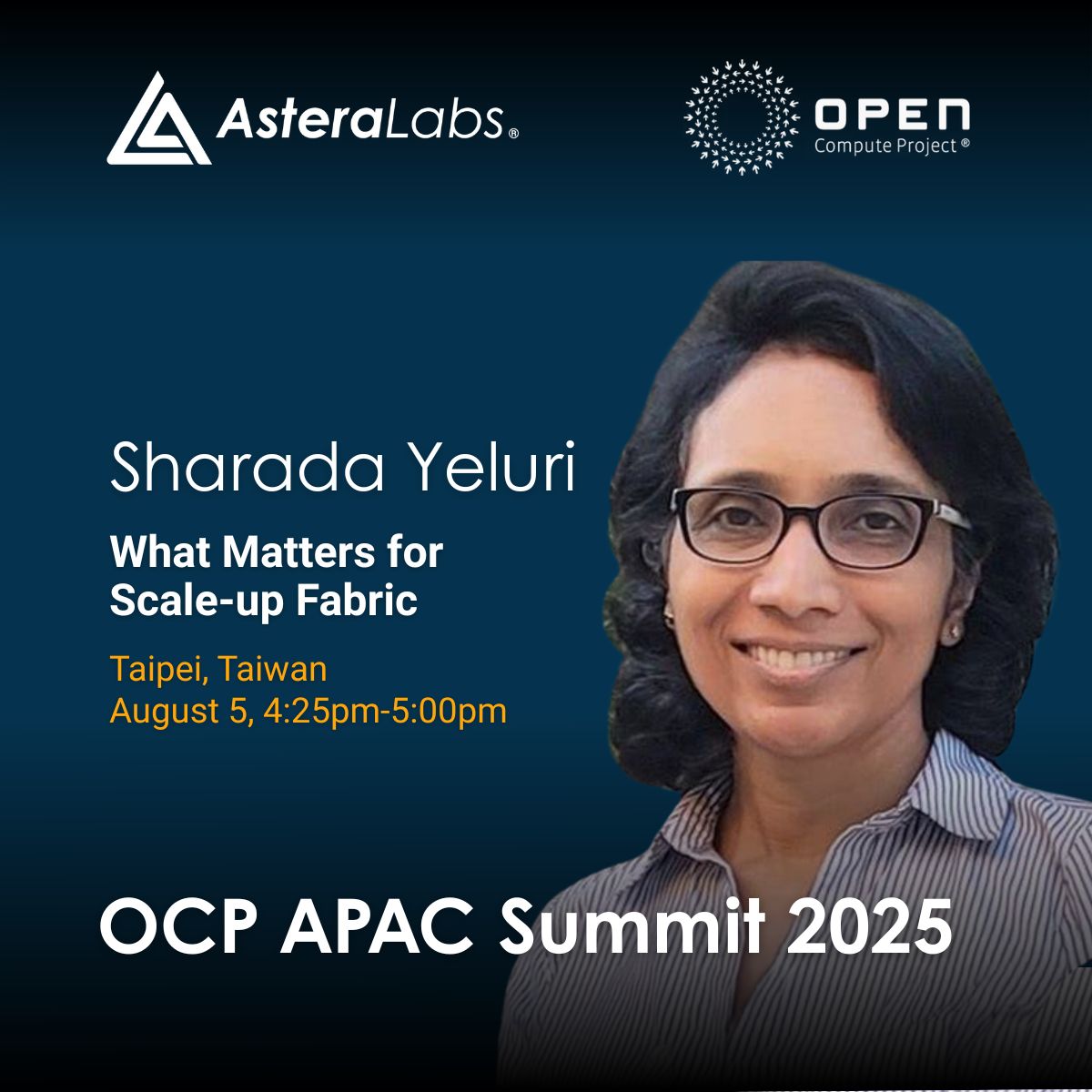 🎤 Catch Sharada Yeluri, AVP of Engineering at Astera Labs, at #OCPAPAC2025 as she explores what really matters in scale-up fabrics for #AI. Learn how UALink is powering next-gen systems with speed, scalability &amp; efficiency. 

Register now!  buff.ly/FCVS5sL