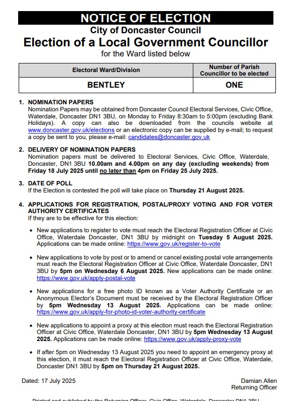 hharrisonjourno's tweet image. BREAKING: Doncaster Council will hold a by-election in Bentley ward following the resignation of Reform UK councillor Sam Booth
After the notice of vacancy shared on July 14, chief executive Damian Allen has set a by-election date for August 21, 2025