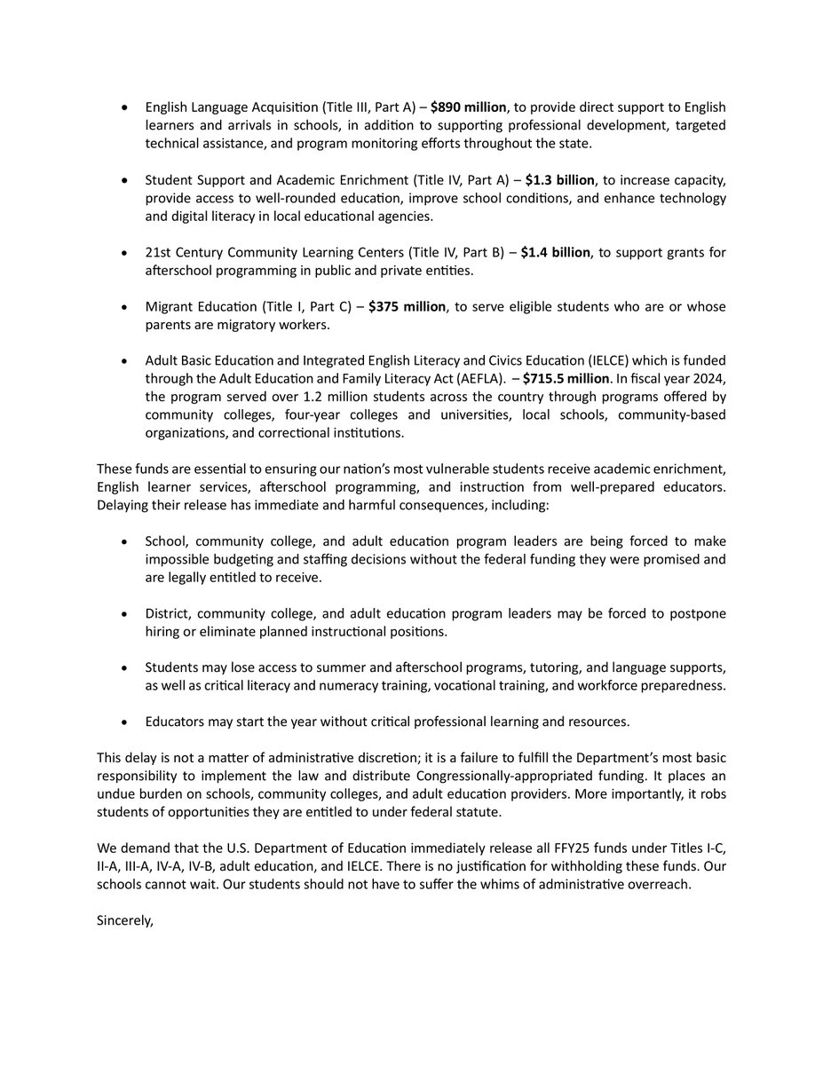 GovPritzker's tweet image. Trump's administration is not only openly flouting the law, but they're also abandoning their responsibility to our students.
Today, I'm joining governors across the nation calling upon @EDSecMcMahon to release $6.8B the administration is withholding from schools and students.