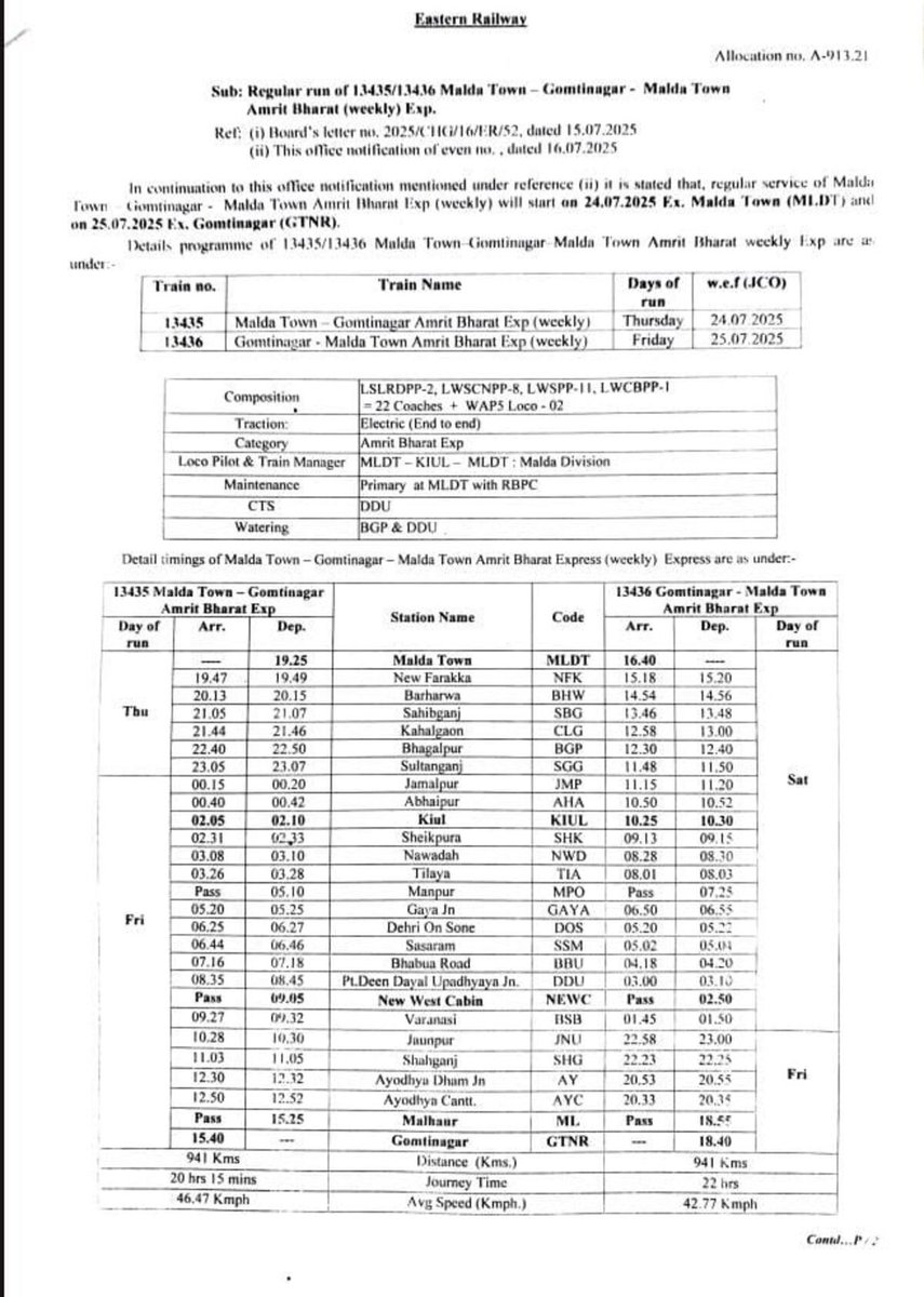 गाड़ी संख्या:-13435/13436 मालदा-गोमतीनगर(लखनऊ)-मालदा साप्ताहिक अमृत भारत एक्सप्रेस का संचालन मालदा टाऊन से 24/07/2025  से और गोमती नगर से 25/07/2025 से संचालन शुरू होगा।
वारिसलीगंज स्टेशन पर अमृत भारत एक्सप्रेस का ठहराव प्रदान कर दिया गया है।