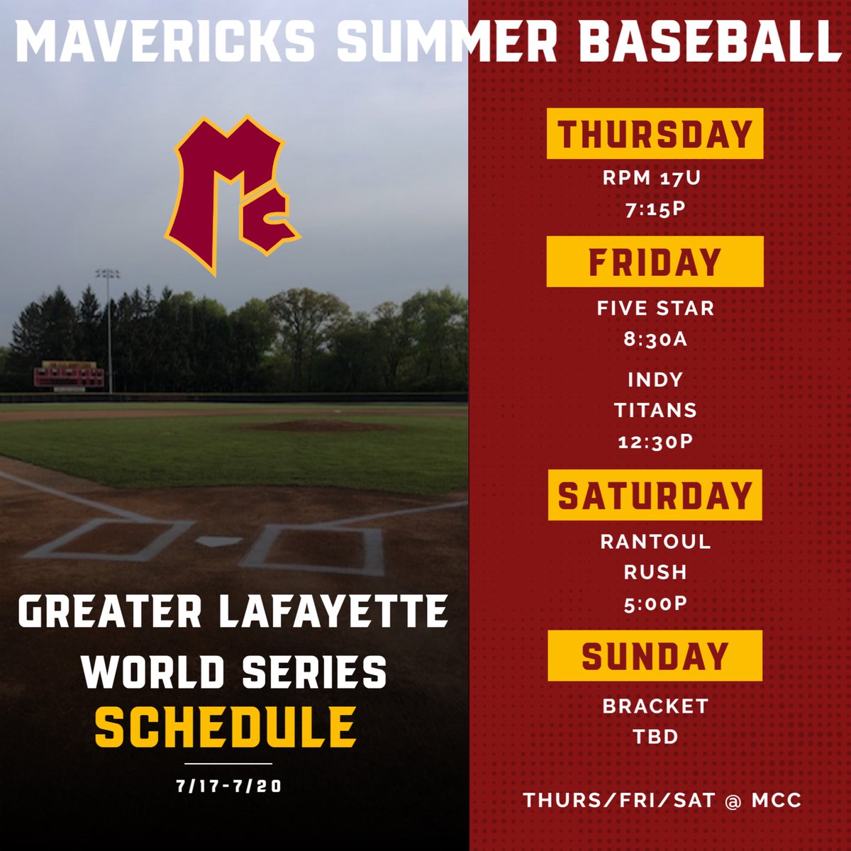 We get a chance to compete on our home field for the <a href="/GLWorldSeries/">Greater Lafayette World Series</a>  this weekend. All pool games at McC. A great chance to see us play as our season nears an end.