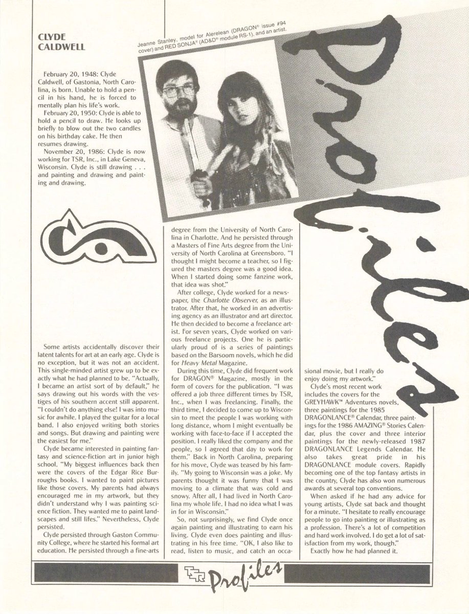 KevinLamb74's tweet image. Fun Dragon magazine bio on the great Clyde Caldwell, pictured with Jeanne Stanley, his model for several paintings including Red Sonja! 😎
#FantasyArt