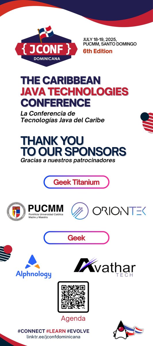 La comunidad de usuarios y desarrolladores Java de República Dominicana (Dominicana JUG) agradece el apoyo de nuestros patrocinadores.

#JConfDominicana2025 #JUGEvents #JVM #Conecta #Aprende #Evoluciona #Java