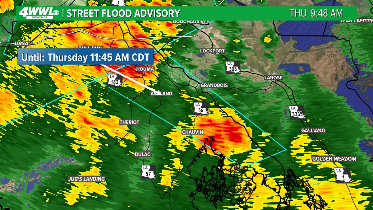 wwltvweather's tweet image. A Street Flood Advisory has been issued for parts of Terrebonne, Lafourche until 7/17 11:45AM. Street flooding is possible in these areas. Don't drive through flooded roads. #BeOn4