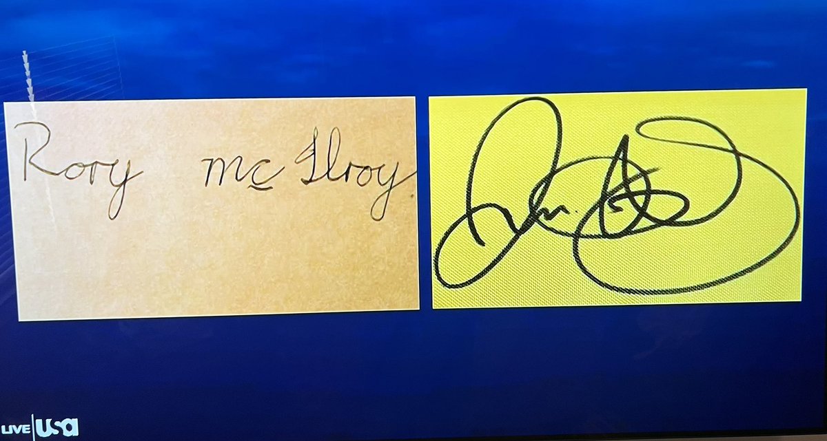 GolfweekNichols's tweet image. Not in a million years would I guess that the signature on the right is Rory’s. (Broadcast showing a then and now.)