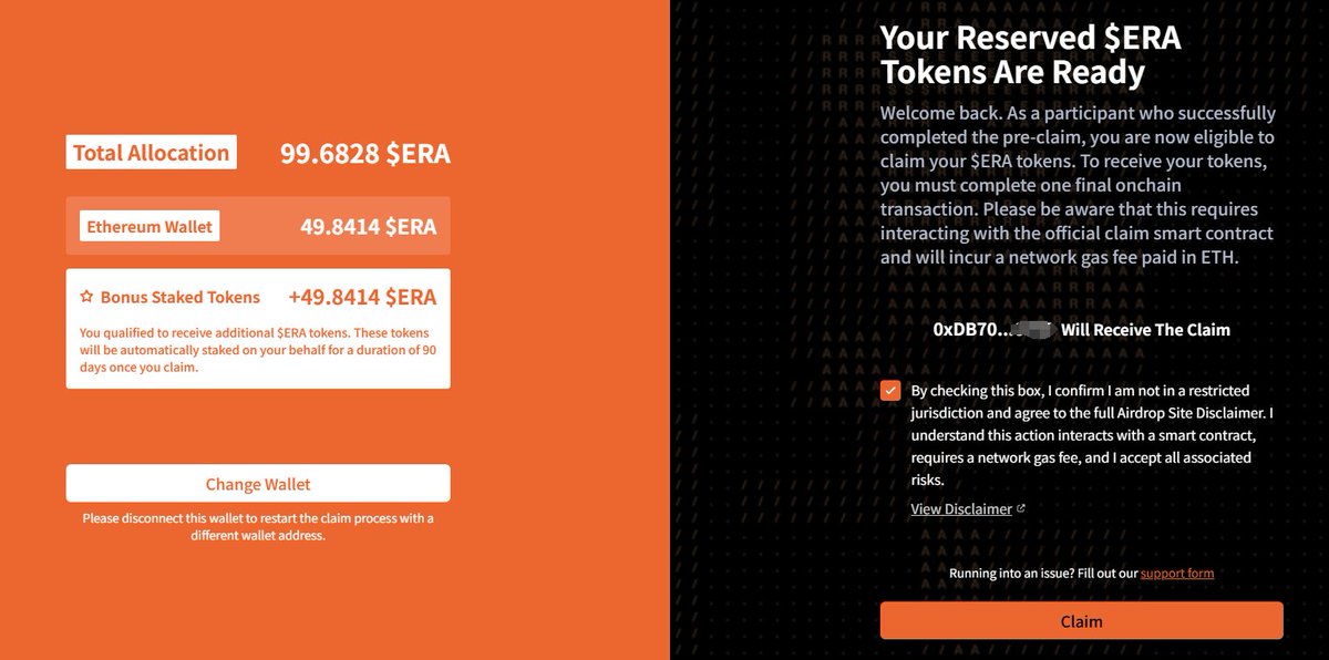 火山口 <a href="/Calderaxyz/">Caldera</a> 空投可以领取了

不过需要在主网领取，现在gas比较高，我这几十个币都不够gas的，还是你们卷吧

另外前6W名23点45在币安交易至少300 U的 $ERA 现货，即可获得20 $ERA 代币

领取：claim.caldera.foundation