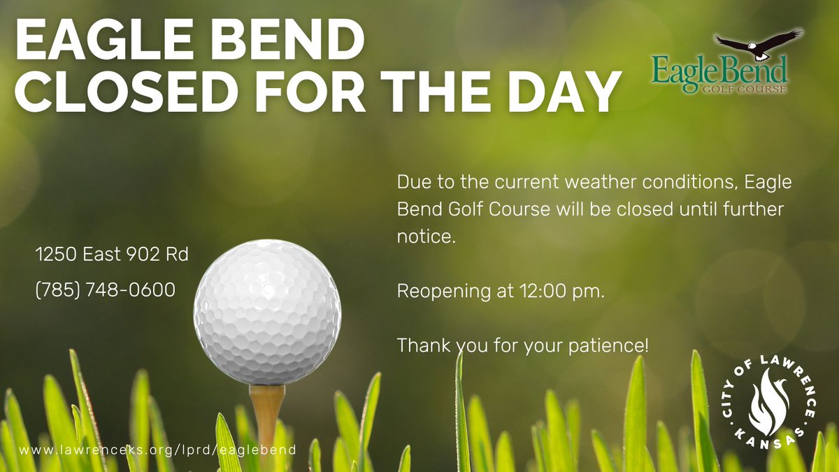 EagleBendKS's tweet photo. We will reopen at 12:00 pm this afternoon. 
Thanks for your patience!
#EagleBendGolfCourse #LawrenceKS #RainDelay #LPRD https://t.co/WrZOyzZFvy