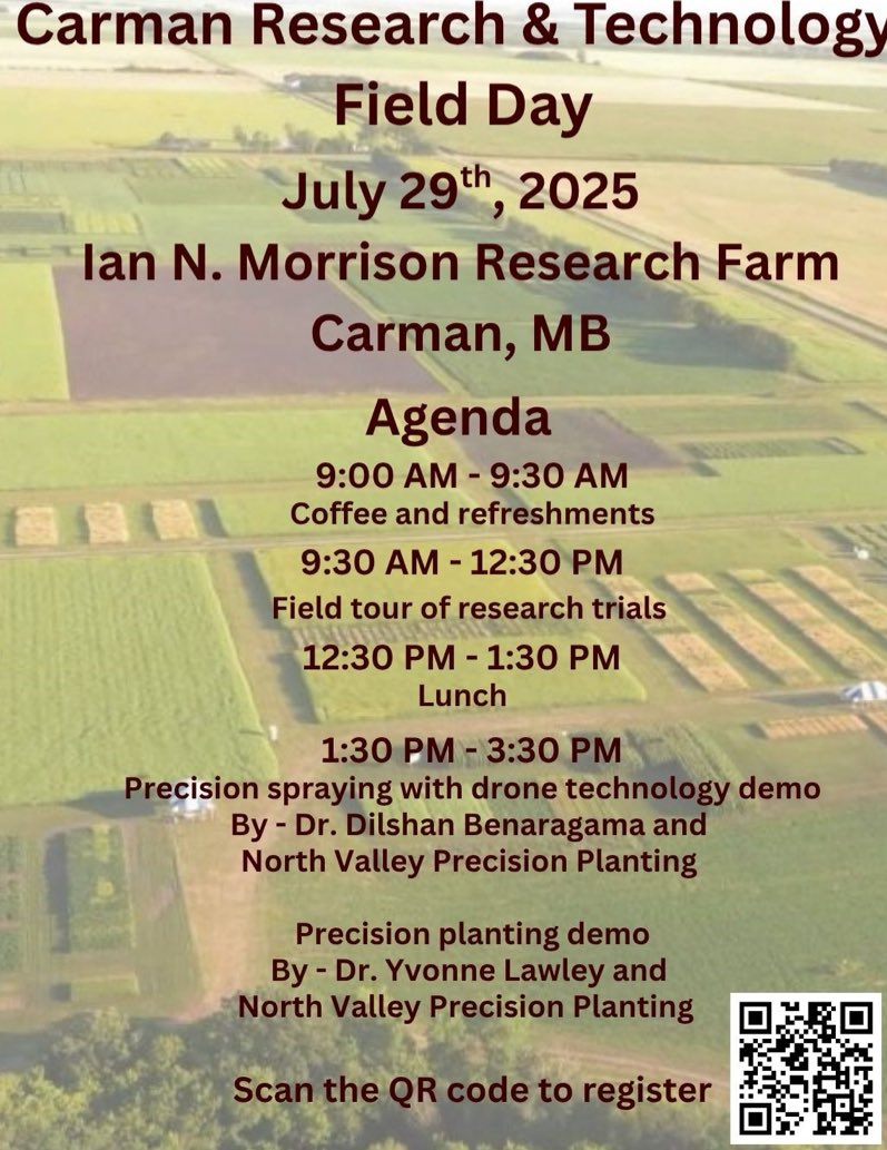 CallumMorrisons's tweet image. You're invited to the Carman Field Tour 2025 on July 29 at the U of M’s Research Station. Tours of field trials, tech demos & drone spraying. Great opportunity to network with researchers & producers
RSVP: forms.office.com/pages/response…
#MBAg #WestCdnAg #CdnAg #AgTwitter