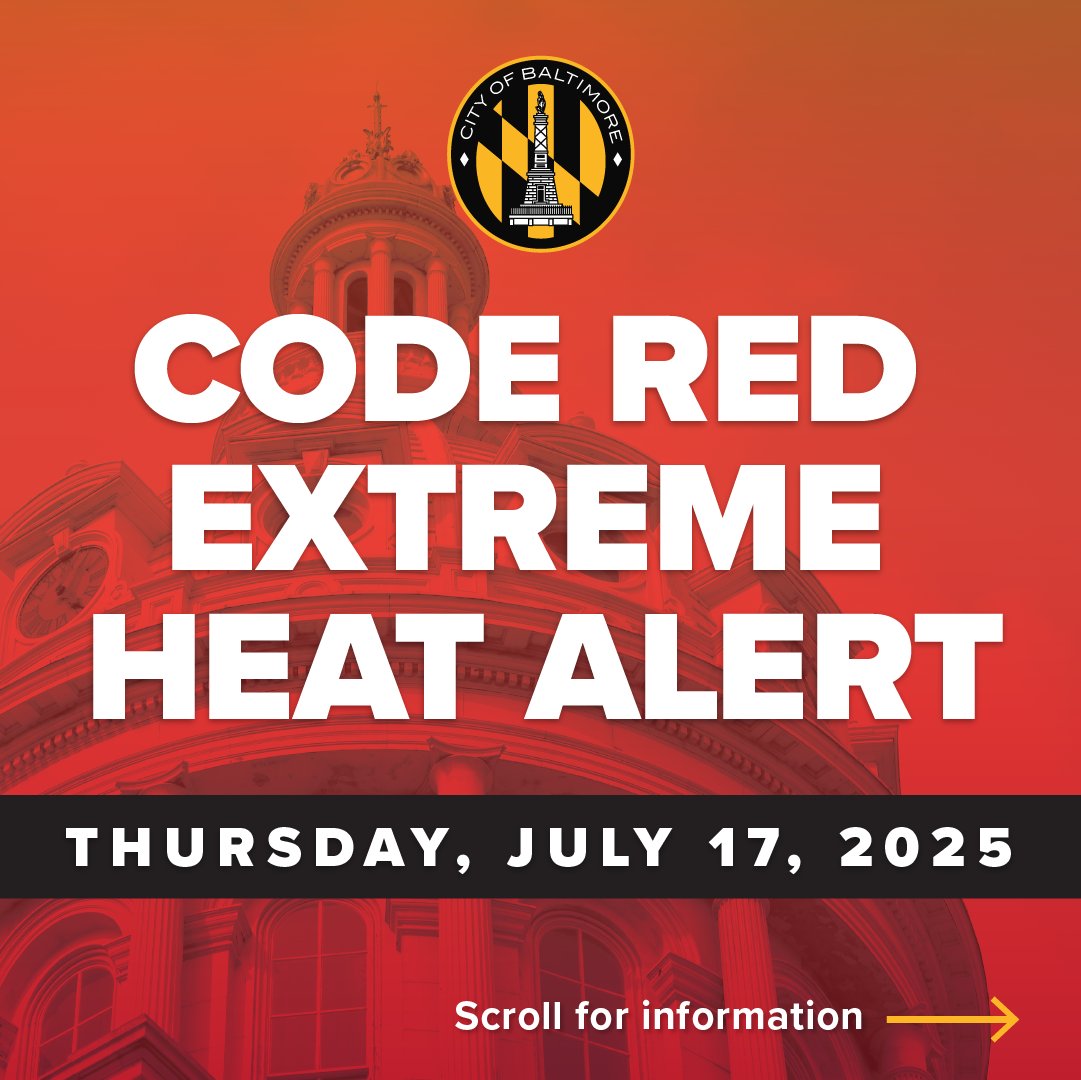 MayorBMScott's tweet image. Baltimore, today is going to be a hot one. The Baltimore City Health Department has issued a Code Red Heat Alert. Please remember to stay hydrated.
Find a cooling center near you ⬇️
health.baltimorecity.gov/emergency-prep…