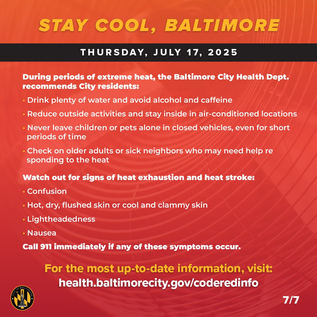 MayorBMScott's tweet image. Baltimore, today is going to be a hot one. The Baltimore City Health Department has issued a Code Red Heat Alert. Please remember to stay hydrated.
Find a cooling center near you ⬇️
health.baltimorecity.gov/emergency-prep…