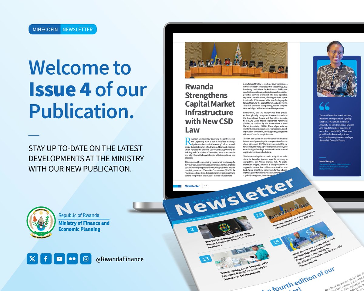 RwandaFinance's tweet image. The fourth edition of our newsletter is out! It covers a range of interesting topics, including:
🔹 The 2025/26 National Budget
🔹 A break down of the EIC7 results
🔹 Latest updates on the DTAAs
🔹 Rwanda’s PFM reforms & transparent governance
Read now minecofin.gov.rw/index.php?eID=…
