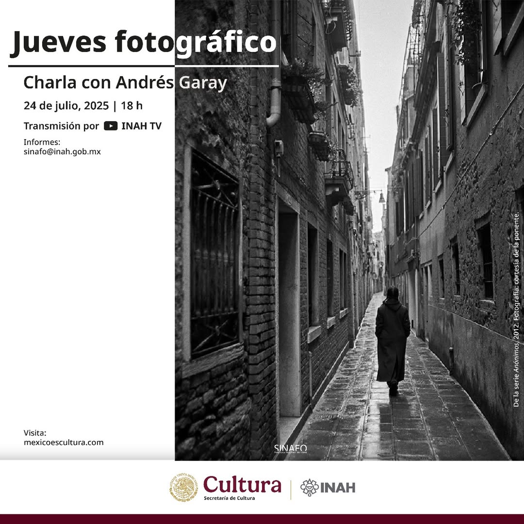 #IMPERDIBLE
#JuevesFotográficodelSINAFO, Charla con Andrés Garay. Próximo jueves 24 de julio a las 18 horas.
Por el canal de #INAHTV en YouTube: bit.ly/4kFQCOq 
#SINAFO #FototecaNacional