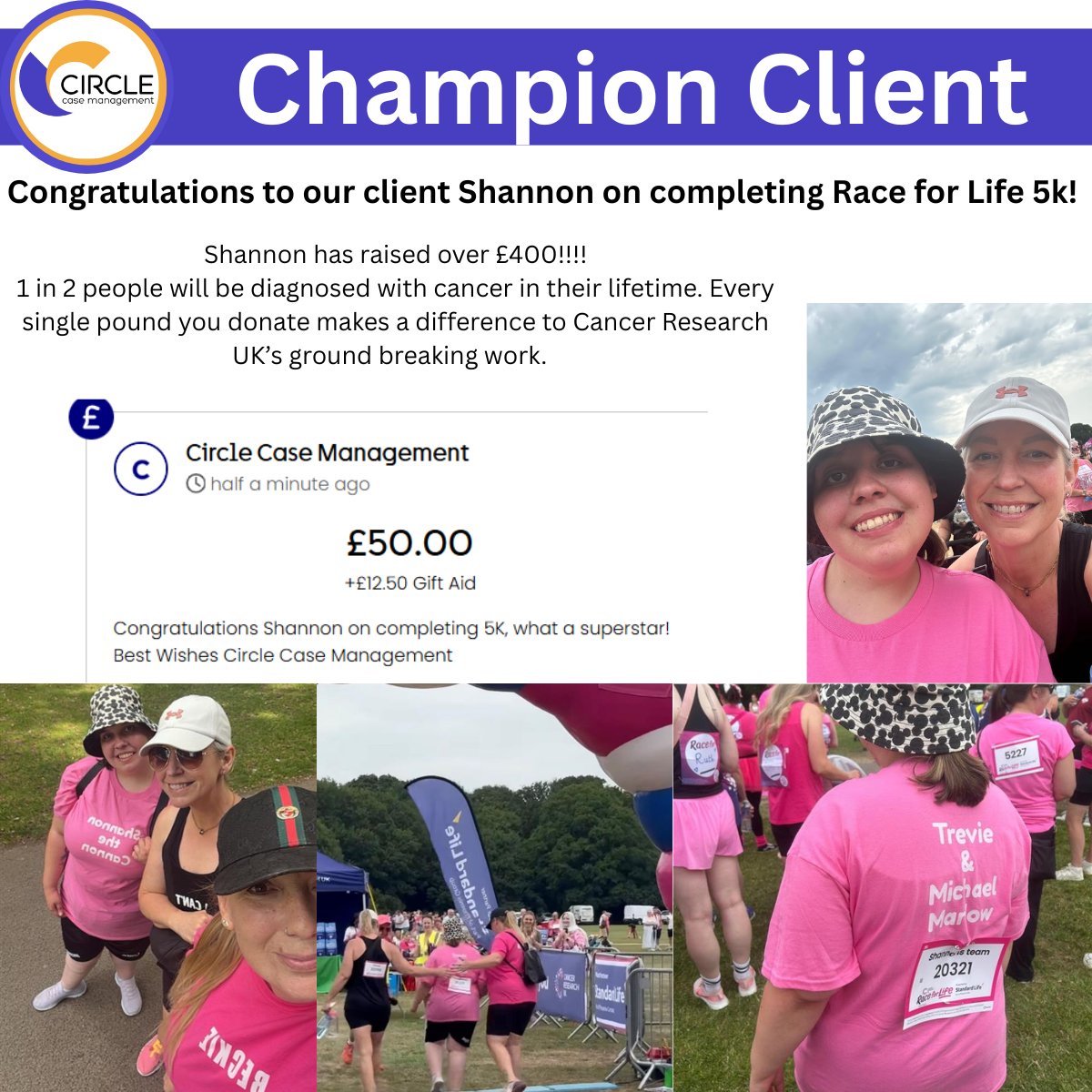 Circle Case Management (@circlecm) on Twitter photo Massive congratulations to Shannon on completing <a href="/raceforlife/">Race for Life</a> raising hundreds of pounds!
We are all very proud of you Shannon and we have made a small donation to help your wonderful cause!
Every donation matters-
fundraise.cancerresearchuk.org/page/shannons-…
#CircleCM #RaceForLife #CancerResearch Massive congratulations to Shannon on completing <a href="/raceforlife/">Race for Life</a> raising hundreds of pounds!
We are all very proud of you Shannon and we have made a small donation to help your wonderful cause!
Every donation matters-
fundraise.cancerresearchuk.org/page/shannons-…
#CircleCM #RaceForLife #CancerResearch