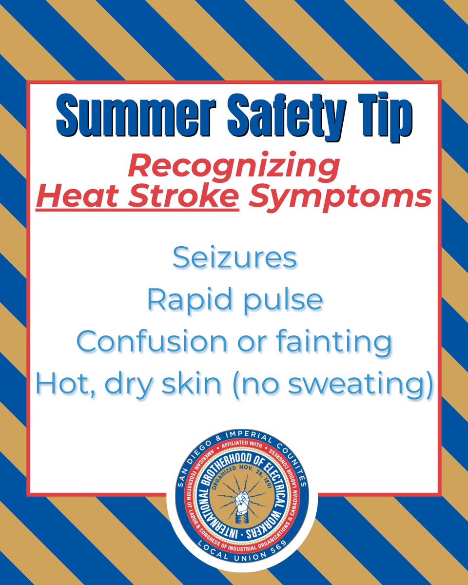 IBEW569's tweet image. Heat stress can escalate quickly, especially on the jobsite. Knowing the signs of heat exhaustion and heat stroke can save lives.
If you or someone you're working with shows any of these symptoms, take it seriously: rest, hydrate, and get help if needed.
#UnionStrong #IBEW569