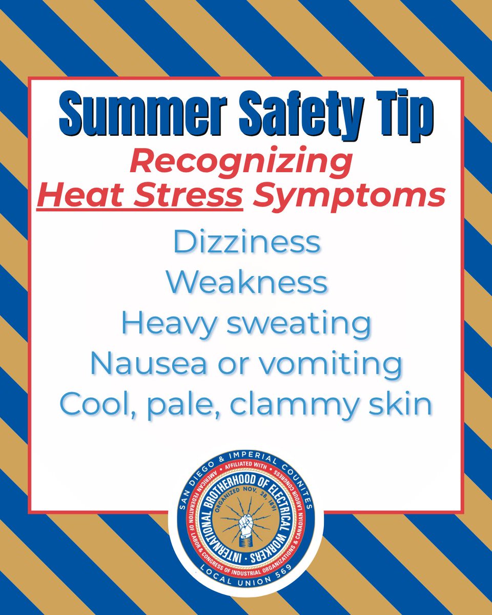 IBEW569's tweet image. Heat stress can escalate quickly, especially on the jobsite. Knowing the signs of heat exhaustion and heat stroke can save lives.
If you or someone you're working with shows any of these symptoms, take it seriously: rest, hydrate, and get help if needed.
#UnionStrong #IBEW569