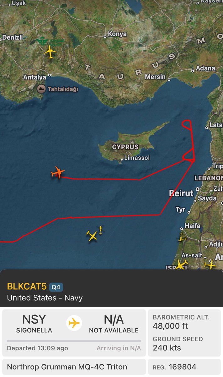 The U.S. Navy’s MQ-4C Triton patrols the coast —Tartous, Latakia, Haifa, Beirut..