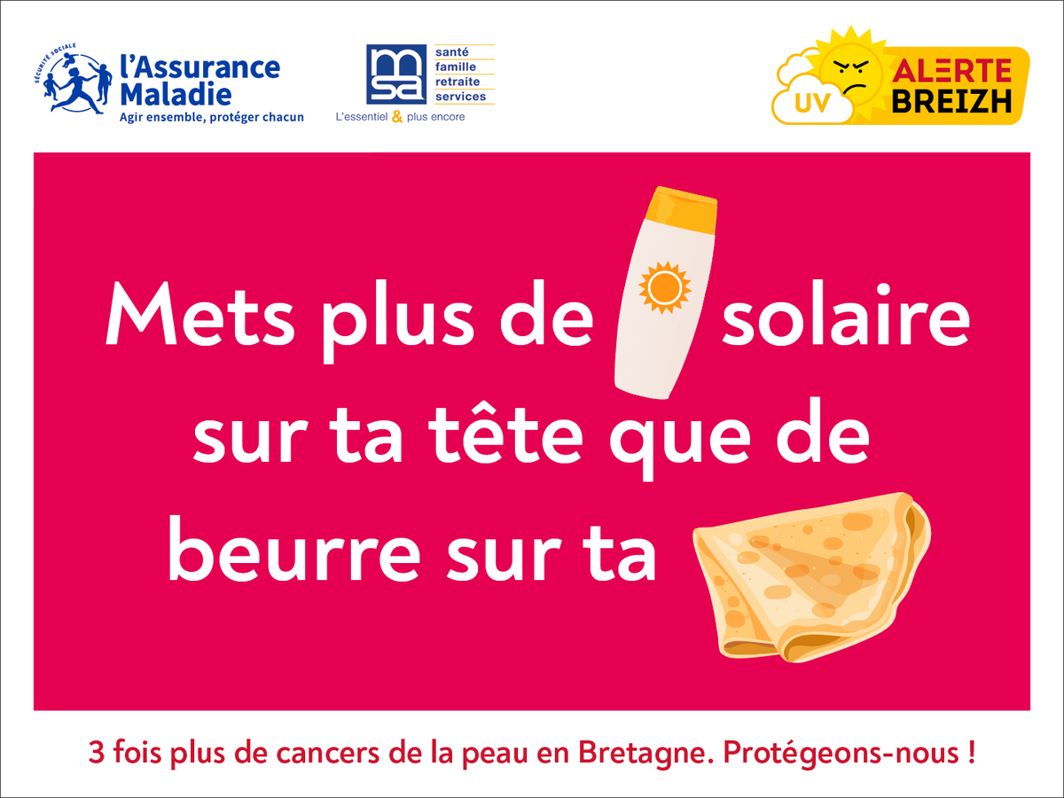 4ème geste de #PréventionSolaire : appliquez de la crème haute protection anti UVA et UVB sur les parties découvertes du corps (visage, mains, avant-bras). Les cancers de demain sont à prévenir dès aujourd’hui. ➕d'infos : alerte-breizh.fr
#AlerteBreizh