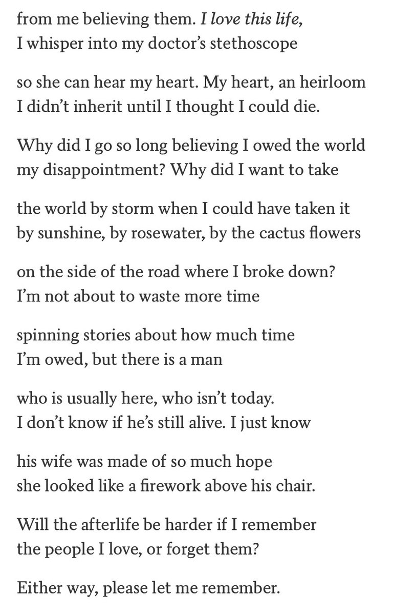 ... I love this life, 
I whisper into my doctor’s stethoscope

so she can hear my heart. My heart, an heirloom
I didn’t inherit until I thought I could die.

—Andrea Gibson, RIP 

(from the second half of this stunning poem, "In the chemo room, I wear mittens made of ice...")