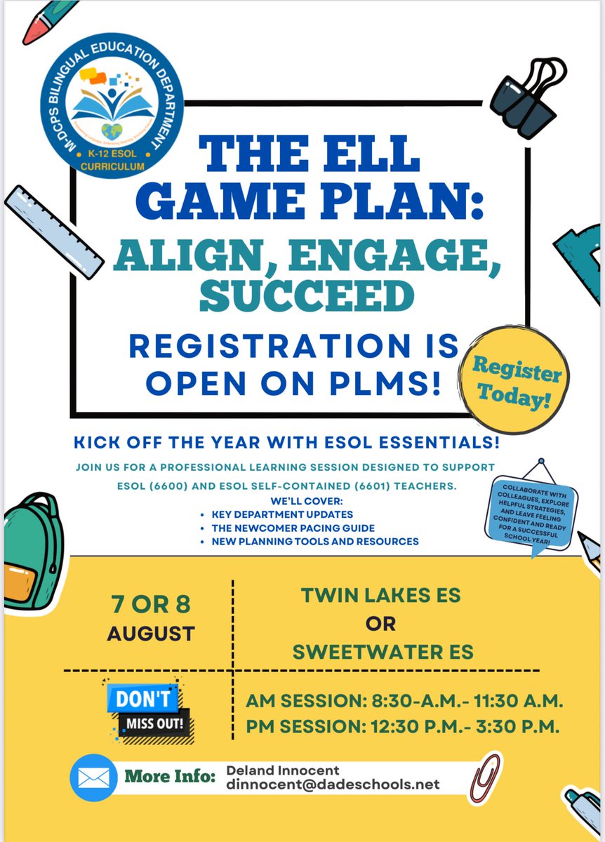 MDCPSBilingual's tweet image. Kick off the school year with The ELL Game Plan: Align, Engage, Succeed 🏈💡

Let’s align, engage, and succeed together! 💪 #ESOLStrong
#MDCPSYourBestchoice