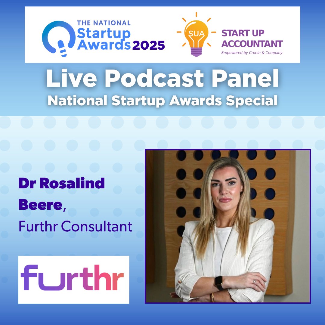 🚀 Thrilled to share Dr. Rosalind Beere, <a href="/Furthr_ie/">Furthr</a>  Consultant, is joining our <a href="/Cronin_Co/">Cronin Accountants</a> LIVE Podcast Panel! 🎙️✨

📍The Mayfield, Dublin 6
🗓️ Thurs, July 24
🎟️ Free but limited – book now: eventbrite.ie/e/startup-acco…
#SUA25 #StartupAwards