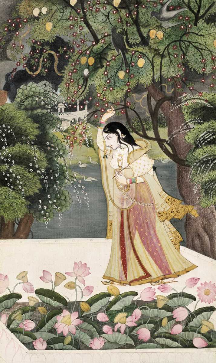 Wishing a very happy birthday to the <a href="/Go_Movie_Mango/">Movie Mango</a> ! 
Here's a beautiful painting (19th century) -a heroine, adorned in silks and jewels, clings to a mango branch, lost in vipralambha shringara (love in separation). Surrounded by blooming lotuses and ripe mango trees.

🥭