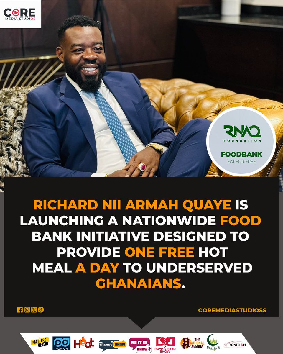 dutyworldhub's tweet photo. Richard Nii Armah Quaye and the RNAQ Foundation are launching a nationwide Food Bank initiative to provide one free hot meal each day to Ghanaians in need πβ€οΈ #CoreMediaStudios
#RNAQFoundation #EatForFree #FoodBank https://t.co/l7s4NATlUs