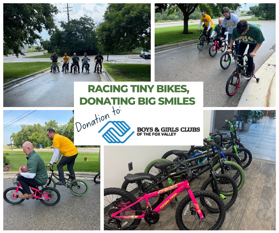 Tiny bikes, big hearts! 💚💛🚴‍♂️

At our Grand Opening, our team is racing kids' bikes — all to support the Boys &amp; Girls Clubs of the Fox Valley. After the laughs, the bikes will be donated to bring smiles where they matter most.
 #BikeRaceForGood #BoysAndGirlsClubFoxValley