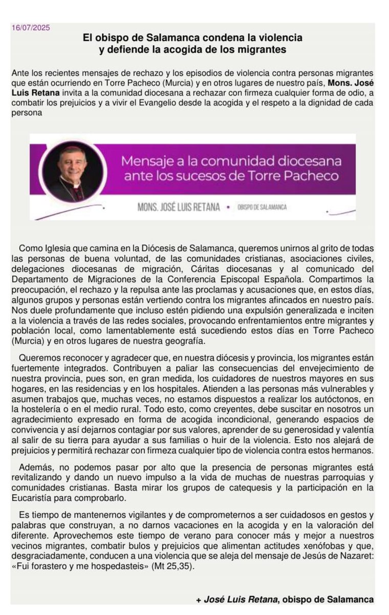 fortunayjacinta's tweet image. «Vecinos "migrantes" fuertemente integrados»... Aquí, el Obispo de Salamanca adoptando el discurso oenegista del asistencialismo humanitario sin parámetros, incapaz de entender que el problema es político y coqueteando con la idea del inmigrante como «buen salvaje». Sin…
