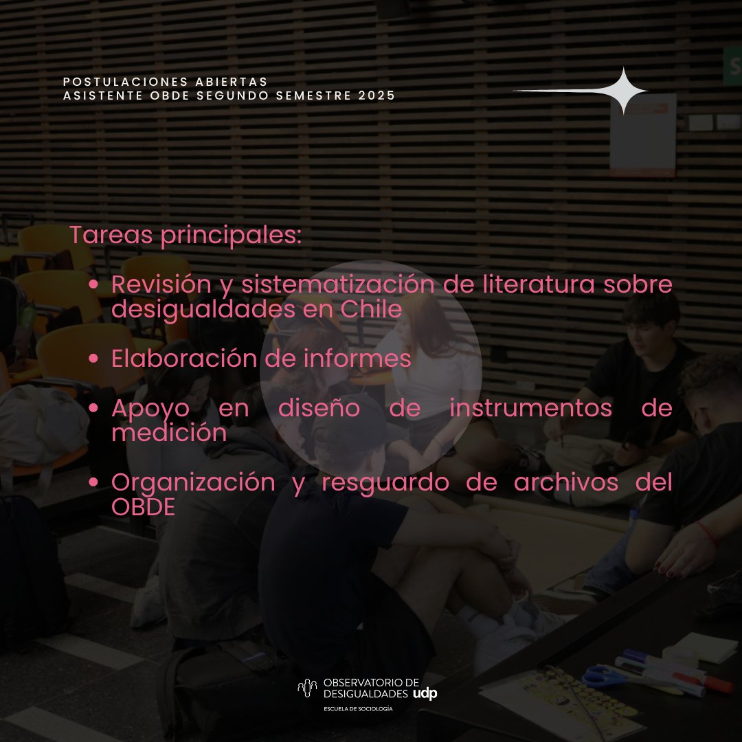 Odesigualdades's tweet image. 📢 ¡Buscamos Asistente de Investigación en el OBDE UDP! 👩🎓 Egresadas/os en Sociología, Antropología o afines.📍 Presencial | ¼ jornada | ago-oct 2025 🗓️ Postula hasta el 25 de julio 👉 t.ly/FJHAb 📩 Dudas: amparo.feller@mail.udp.cl