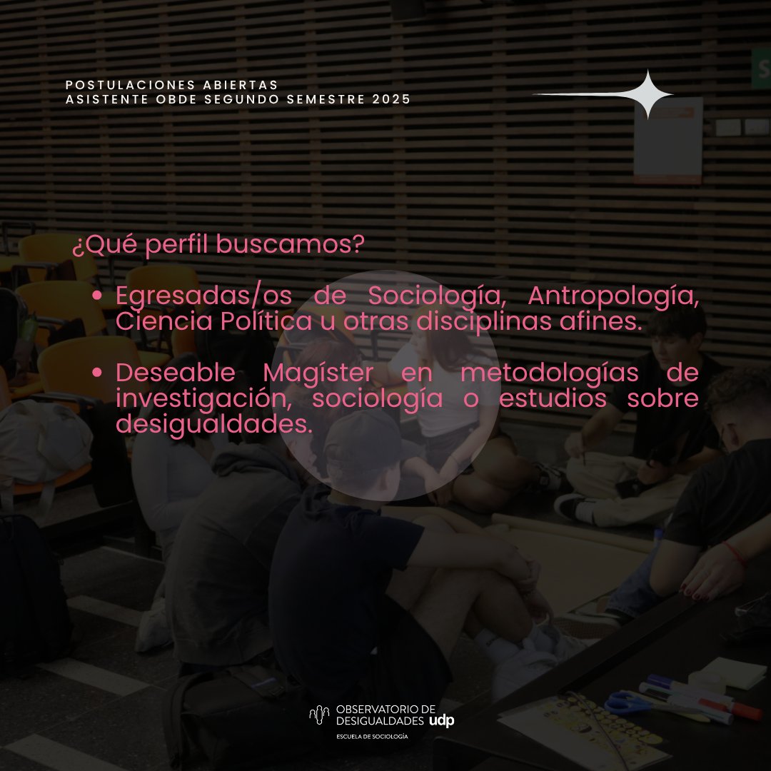 Odesigualdades's tweet image. 📢 ¡Buscamos Asistente de Investigación en el OBDE UDP! 👩🎓 Egresadas/os en Sociología, Antropología o afines.📍 Presencial | ¼ jornada | ago-oct 2025 🗓️ Postula hasta el 25 de julio 👉 t.ly/FJHAb 📩 Dudas: amparo.feller@mail.udp.cl