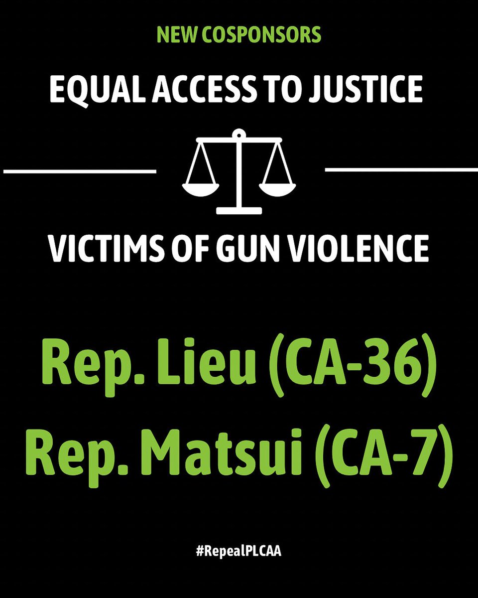 NewtownAction's tweet image. Thank you to @reptedlieu and @DorisMatsui for cosponsoring H.R.3740!
We urge Members of Congress to #RepealPLCAA by cosponsoring the Equal Access to Justice for Victims of Gun Violence Act.
Congressional Switchboard: (202) 224-3121
#EndGunViolence @survivorsemp