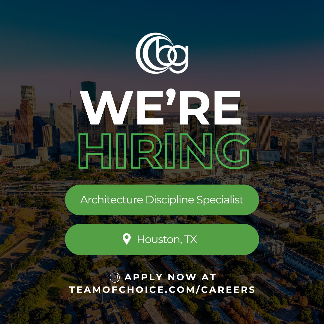 bg_teamofchoice's tweet photo. We're looking for a talented Architecture Discipline Specialist to join our growing Houston team! Enjoy a career with a 100% employee-owned firm that values integrity, hard work, &amp; excellence — plus, we offer sign-on bonuses! Apply today at https://t.co/rghlXJuEOt. #teamofchoice https://t.co/Evp8uryLjE
