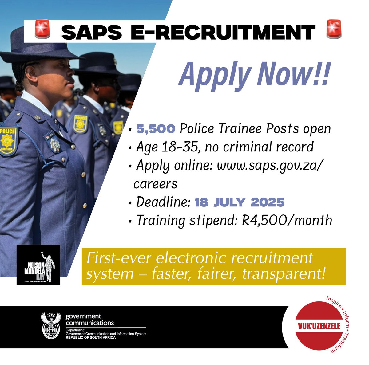 VukuzenzeleNews's tweet photo. SAPS E-Recruitment Drive: have you applied?
More in Vuk: https://t.co/eONPe2TqFr
#VukNews
#InspireInformTransform
#JobSeekersZA
#SAPSCareers https://t.co/sLp1IkPKkU