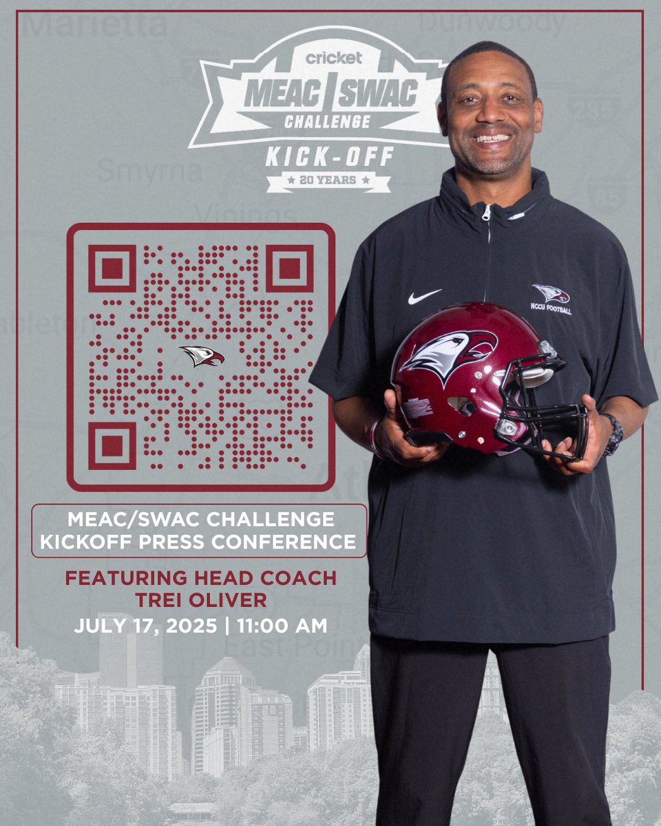 NCCU Athletics (@nccuathletics) on Twitter photo Join Head Coach Trei Oliver at the MEAC/SWAC Challenge Presser at 11:00 AM via the QR Code or by clicking this link: mybcsn.net/espn.html
<a href="/NCCU_Football/">NC CENTRAL FB | 🦅🏆🦅</a>
#MEACSWACChallenge Join Head Coach Trei Oliver at the MEAC/SWAC Challenge Presser at 11:00 AM via the QR Code or by clicking this link: mybcsn.net/espn.html
<a href="/NCCU_Football/">NC CENTRAL FB | 🦅🏆🦅</a>
#MEACSWACChallenge