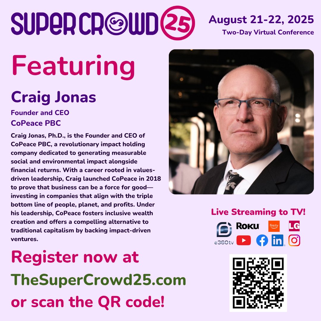 We’re proud to welcome Craig Jonas, Ph.D., Founder &amp; CEO of <a href="/copeace/">CoPeace</a> , to #SuperCrowd25!

- Join us August 21–22, 2025

View the agenda and register today: thesupercrowd.com/25

#CoPeace #ImpactHoldingCompany #SustainableEconomy
