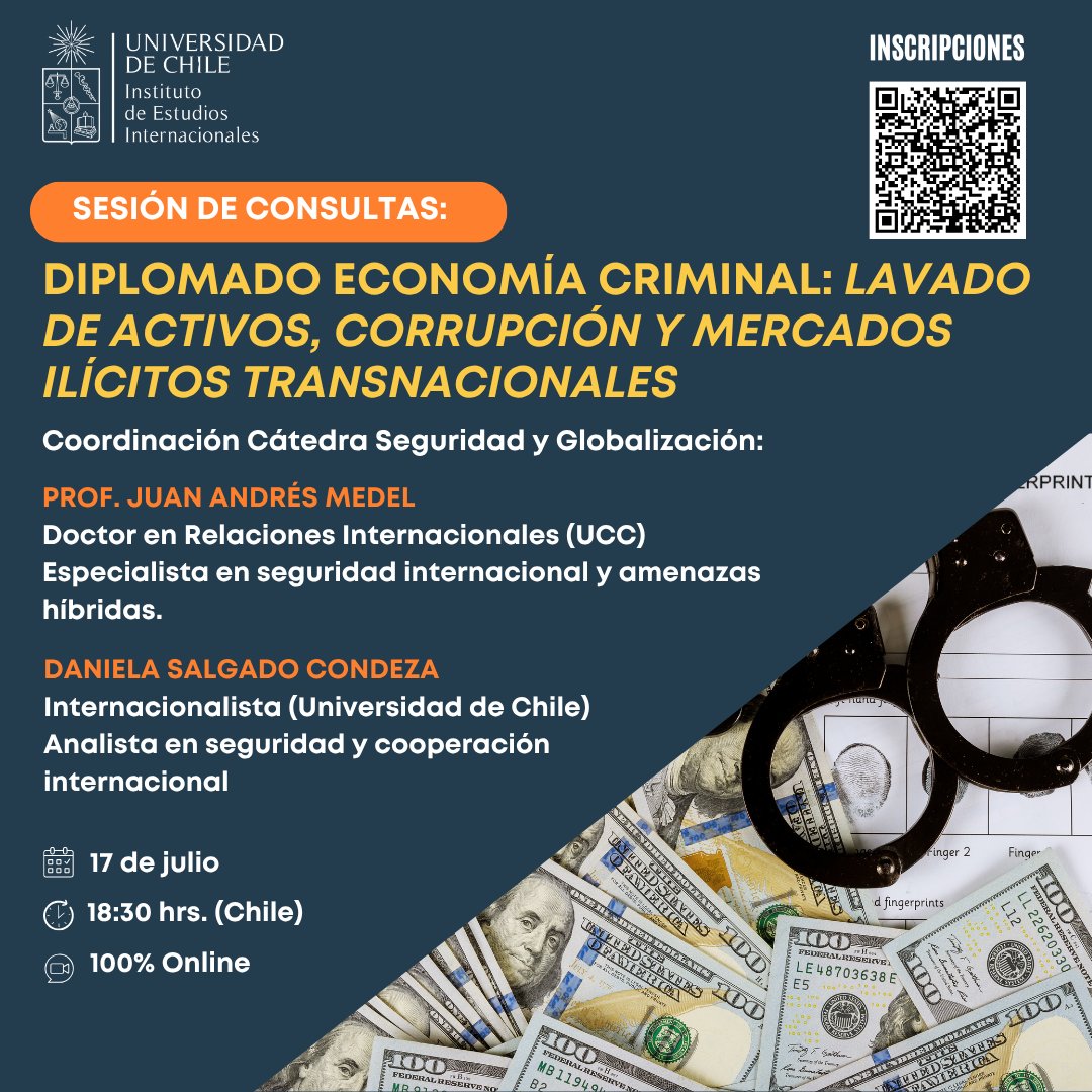 ieiuchile's tweet image. 🟡 ¡HOY! No te pierdas la sesión de consultas sobre el Diplomado en Economía criminal: lavado de activos, corrupción y mercados ilícitos transnacionales del @ieiuchile.
🕡 18:30 horas (Chile)
🔸 100% online.
Resuelve tus dudas inscribiéndote aquí: docs.google.com/forms/d/e/1FAI…