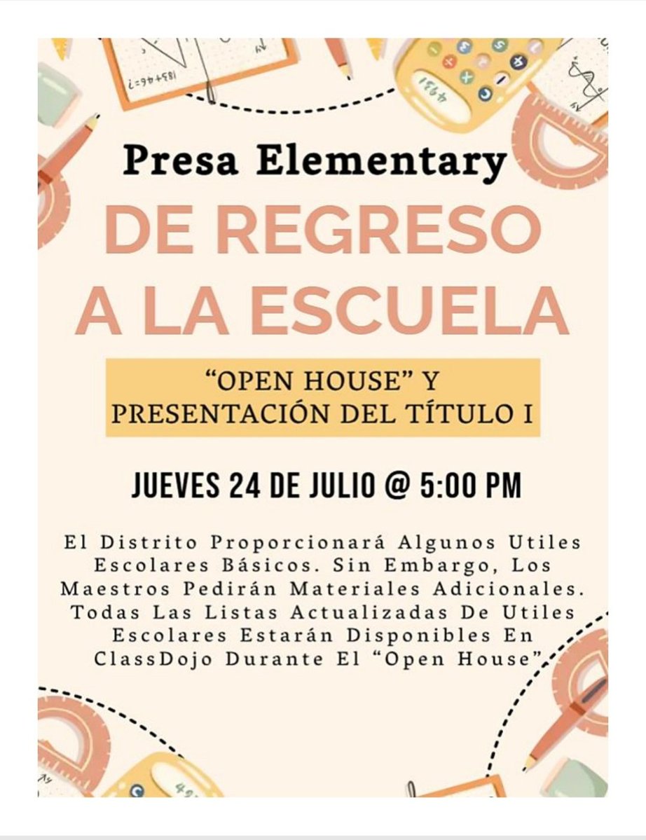 Presa Elementary School (@presa_wildcats) on Twitter photo <a href="/Presa_Wildcats/">Presa Elementary School</a> <a href="/presa_library/">Presa ES Library</a> <a href="/Banegas19Wendy/">Wendy Banegas</a> <a href="/AlexCamack/">Alex Camack 🐾</a>
<a href="/YISD_enEspanol/">YsletaISD_enEspañol</a>
📣 Calling all Wildcats 🐾📣
Join us next Thursday, July 24th at 5pm for our Open House in our school gym. #OpenHouse #wildcats #OneTribe🏹
#BowUp
#WeArePresa
#WeDeliverExcellence
#thedistrict <a href="/Presa_Wildcats/">Presa Elementary School</a> <a href="/presa_library/">Presa ES Library</a> <a href="/Banegas19Wendy/">Wendy Banegas</a> <a href="/AlexCamack/">Alex Camack 🐾</a>
<a href="/YISD_enEspanol/">YsletaISD_enEspañol</a>
📣 Calling all Wildcats 🐾📣
Join us next Thursday, July 24th at 5pm for our Open House in our school gym. #OpenHouse #wildcats #OneTribe🏹
#BowUp
#WeArePresa
#WeDeliverExcellence
#thedistrict