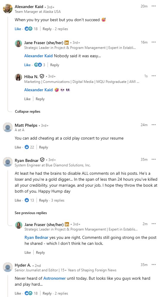 TBabb02's tweet image. The Internet is ruthless and undefeated, this is the LinkedIn comments of Kristin Cabot – the CPO of Astronomer who is trending right now getting busted on Coldplay’s kiss cam
