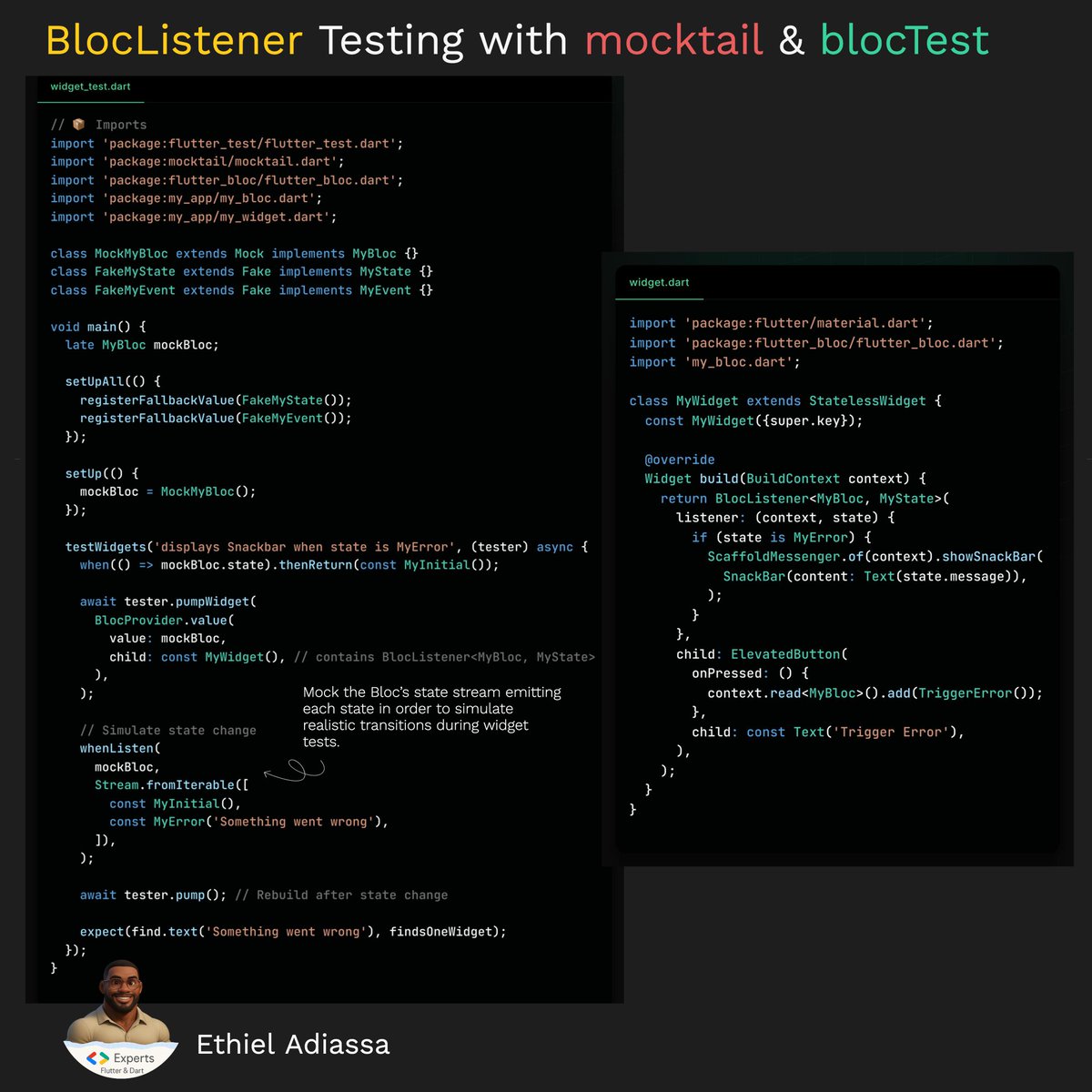 enthusiastDev's tweet image. 🎯 Flutter Testing Tip: Mocking BlocListener Like a Pro
Ever struggled to test BlocListener side effects like showing snackbars or dialogs?
Here’s the clean way using mocktail + bloc_test:
Use whenListen() with Stream.fromIterable()
It simulates Bloc state transitions without…
