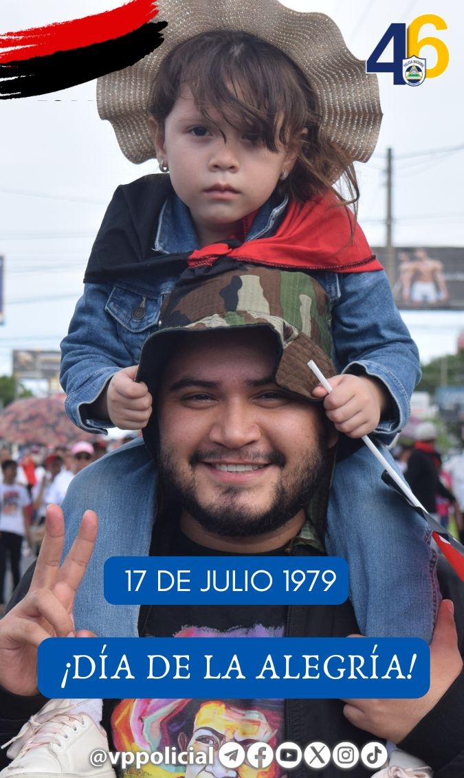 #Nicaragua 

🌤🖤♥️✳️ 𝐃Í𝐀 𝐃𝐄 𝐋𝐀 𝐀𝐋𝐄𝐆𝐑Í𝐀 🥳

■ Son 46 años de historia, victorias, de alegría, donde el pueblo nicaragüense disfruta de una Nicaragua en Paz, Seguridad y bienestar.

- El pueblo unido jamás será vencido.💪

#DíadelaAlegría 
#JuntoALaComunidad