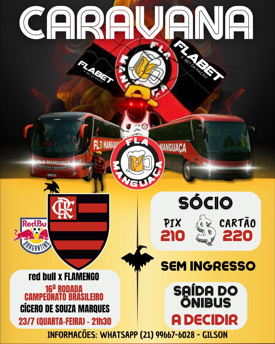 FlaManguaca's tweet image. ENTÃO TÁ, CARAVANA VAI ROLAR!

Vem com a #MaiorChoppDoBrasil rumo a Bragança Paulista, para red bull x #Flamengo válido pela 16ª rodada do #CampeonatoBrasileiro

Para mais informações, entre em contato pelo WhatsApp com o Gilson: (21) 99667-6028

#CRF 
#FlaManguaça