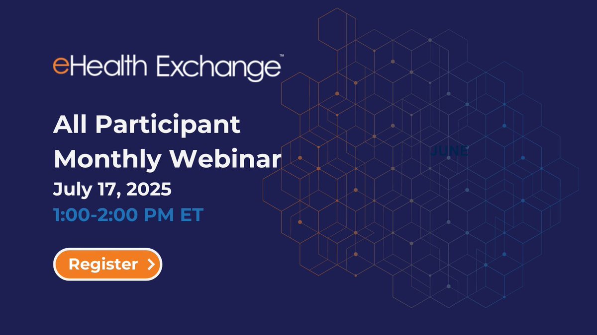 Please join us TODAY for the eHealth Exchange All Participant Call from 1-2pm Eastern. 

If you have not yet registered, please join us: register.gotowebinar.com/register/73017… 

#datasharing #eHxNetwork