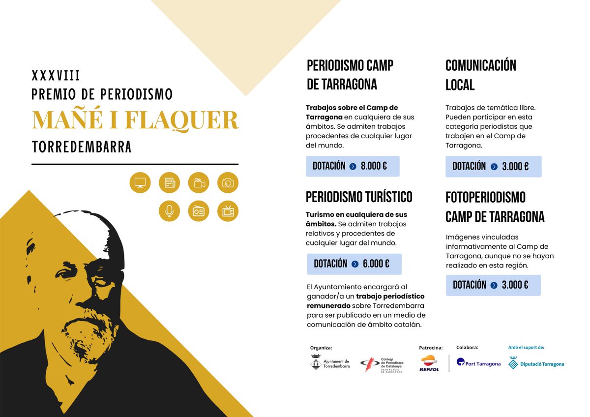 ✍🏾 Convocado el XXXVIII #Premio de #Periodismo Mañé i Flaquer. 

Categorías:

✔ Periodismo turístico. 6.000 €
✔ Periodismo #CampdeTarragona. 8.000 €
✔ #Comunicaciónlocal. 3.000 €
✔ #Fotoperiodismo Camp de Tarragona. 3.000 €

🔗 f.mtr.cool/ipvmpfpxia

#Torredembarra