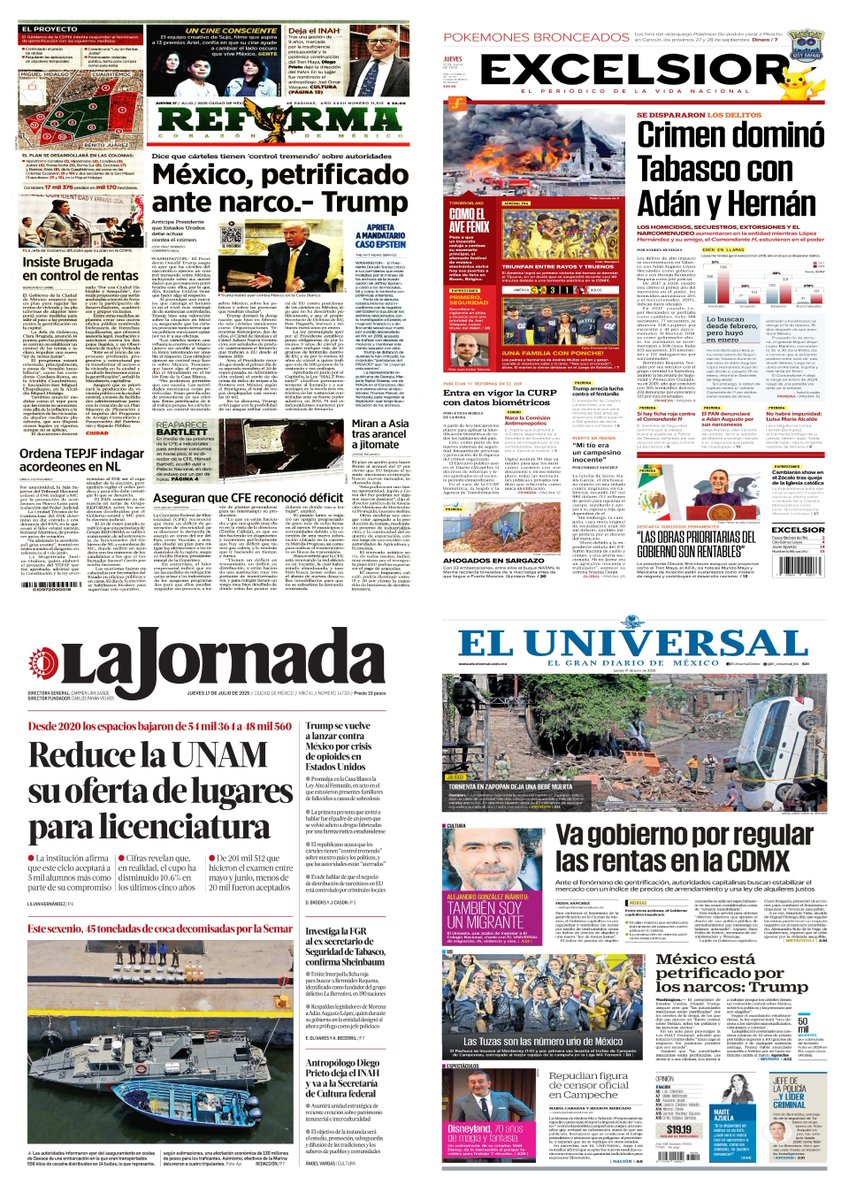 castroclemente's tweet photo. En #PrimerasPlanas
#EnPortadas
- Crimen dominó Tabasco con Adán Augusto y Hernán
- México, petrificado ante narco: Trump
- Reduce UNAM lugares para licenciatura
- Topan rentas
Hay #monos en el poder
TT: #DatoProtegido Colón #Portadas Jeffrey Epstein #FelizJueves https://t.co/nbo2CH3kEi